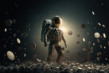 Fototapeta na wymiar Moon man covered in btc coins in space with dramatic lighting and earth in the background