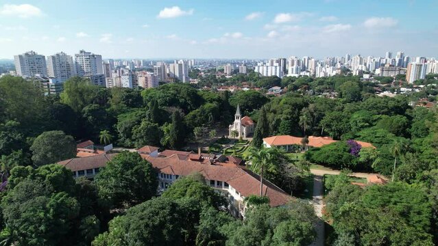 Aerial view of Parque Vicentina Aranha, in Sao Jose dos Campos, Brazil. Chapel and Old Sanatorium.