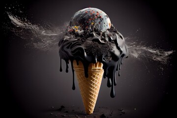 Black ice cream in a waffle cone with sprinkles
