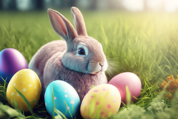 Fototapeta na wymiar Easter Eggs Rabbit Bunny with Eggs Created with Generative AI Technology