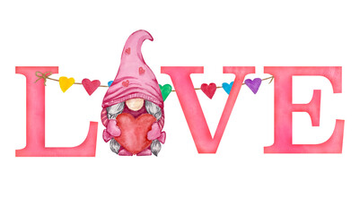 Watercolor illustration gnome Love Valentine Day