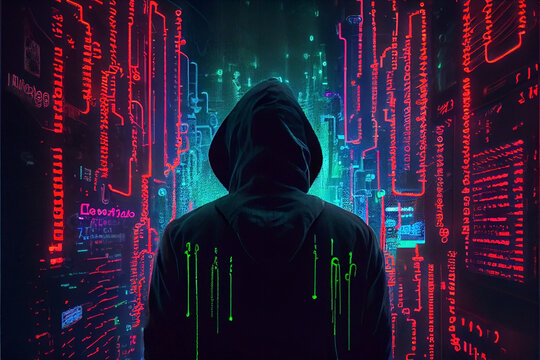 Hooded computer hacker in cybersecurity AI