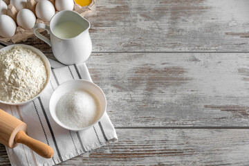 Preparing products for baking. Everything is on the table. There is space for text.