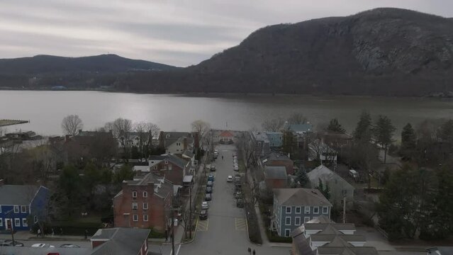 flying over Main St. in Cold Spring NY towards pier and gazebo