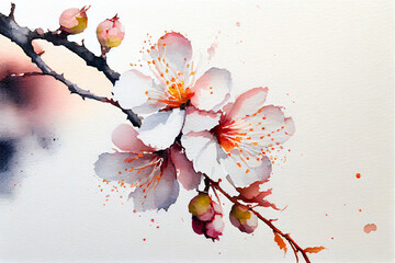 Watercolor painting of cherry blossom flower, Generative AI	