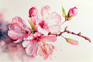 Watercolor painting of cherry blossom flower, Generative AI	