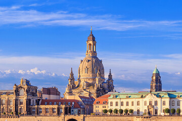 Fototapeta na wymiar Cityscape, panorama, banner - view of the Bruhl's Terrace is a historic architectural ensemble in Dresden on the banks of the Elbe, Saxony, Germany