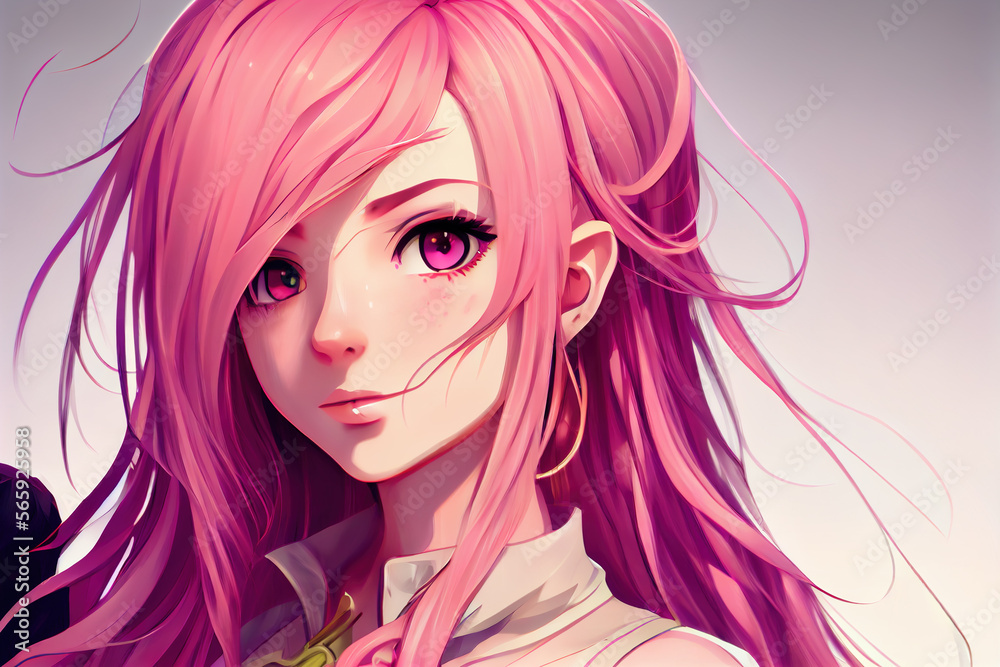 Wall mural anime portrait of a girl with pink hair. generative ai