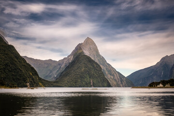 Sunshine on Mitre Peak at Milford Sound in Fiordland on the South Island of New Zealand