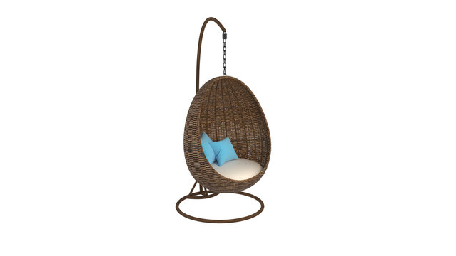 3D Rendering Hanging wicker armchair with pillow on the light background in the studio. It is hanging on the rattan holder with a metal chain. Rattan oval hanging swing chair