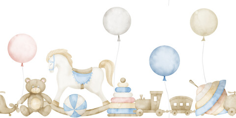 Watercolor Children Seamless Border Transport with Toys for Baby Shower greeting cards or invitations. Hand drawn Frame with rocking horse, teddy bear and balloons on isolated background. Pattern © Alisles
