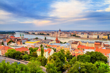 City summer landscape at sunset - top view of the historical center of Budapest with the Danube river, Hungary