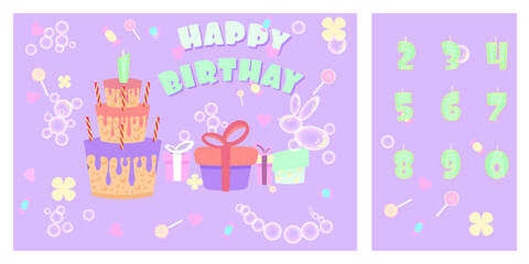 kids party invitation, set of birthday party elements