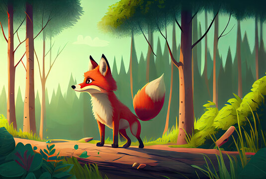 Cartoon fox in the forest created with AI