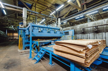 A large hydraulic press in the shop in the middle of the wood blanks presses the wood layers for the production of plywood. Film noise
