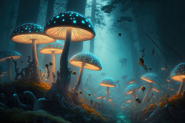 Fototapeta na wymiar Mystical forest with enchanting creatures, glowing mushrooms, and dense fog, generative ai