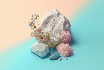 Stones and flowers on pastel natural ai background