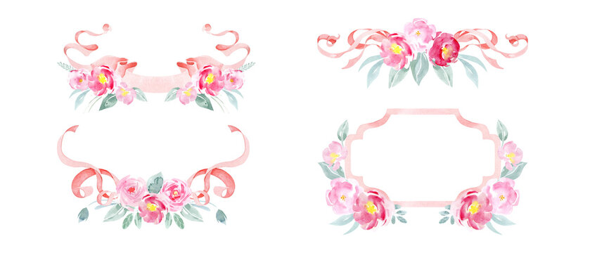 Frames and borders from ribbons and flowers. Festive frames for children's party, wedding cards and invitations. Blue ribbons and flowers. Pink ribbons and flowers. Monogram, watercolor clipart