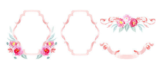 Frames and borders from ribbons and flowers. Festive frames for children's party, wedding cards and invitations. Blue ribbons and flowers. Pink ribbons and flowers. Monogram, watercolor clipart