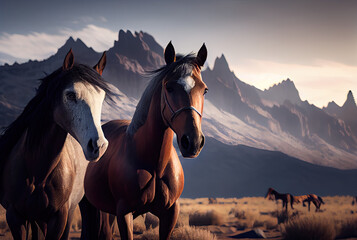 Naklejka na ściany i meble Wild horses with mountains in background created with AI