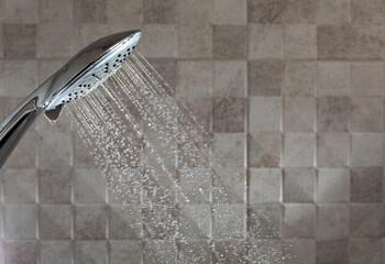 running water of shower faucet - obrazy, fototapety, plakaty