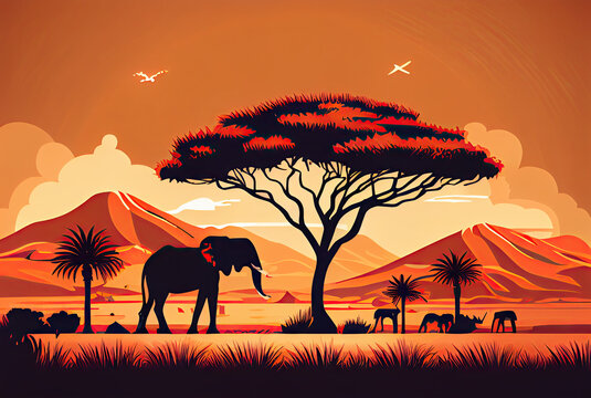 African savanna sunset with elephant and tree created with AI