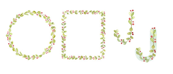 Watercolor floral letters, foliage alphabet, hand-drawn floral watercolor alphabet. Floral capital letter, logo design, monogram. Green leaves letters, greenery frame