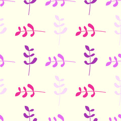 Vivid seamless repeating pattern of pink and purple plants on beige background for wallpapers, textile, fabric and other surfaces