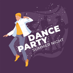 Night club advertising design. A young man is dancing. Silhouettes of dancing people on the background of space and planets