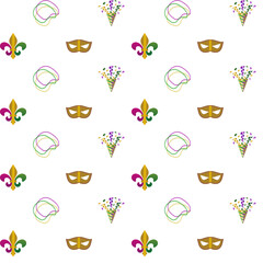 Mardi Gras Carnival Seamless pattern collection  Fleur de lis, masquerade mask, beads and fireworks Wallpaper decor
