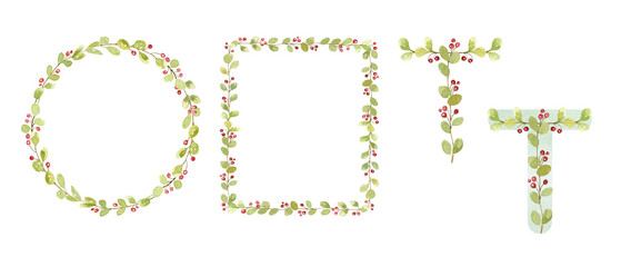 Watercolor floral letters, foliage alphabet, hand-drawn floral watercolor alphabet. Floral capital letter, logo design, monogram. Green leaves letters, greenery frame