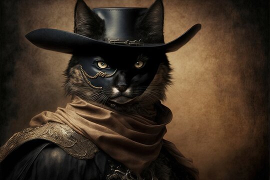 Cat As Zorro Charachter Illustration Generative Ai