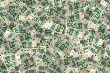 Background of scattered banknotes. Chinese banknote of 50 yuan.