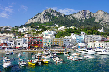Wonderful view from the sea of Marina Grande port of Capri Island, Italy