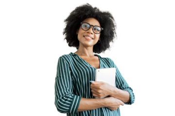 A beautiful woman isolated transparent background in the office doing online work using a laptop in the office workplace