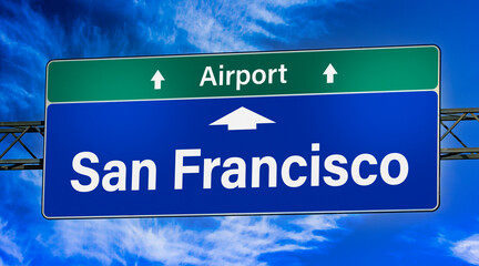 Fototapeta premium Road sign indicating direction to the city of San Francisco