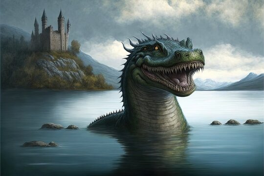 Nessie, the famed lake monster of Loch Ness in Scotland, rears out of the waters of the lake. illustration generative ai