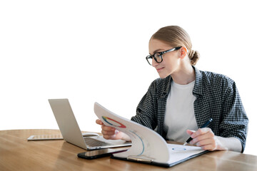 A woman with glasses office making a report using a laptop in the office workplace, isolated transparent background.