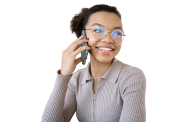 A woman with glasses office talking on the phone smiling showing teeth, isolated transparent background.