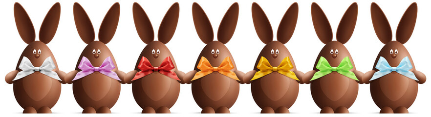 Happy Easter decoration chocolate bunny egg with colored shiny ribbon bow, isolated on transparent background. Template for label, gift greeting card, promotional shopping banner or ticket price