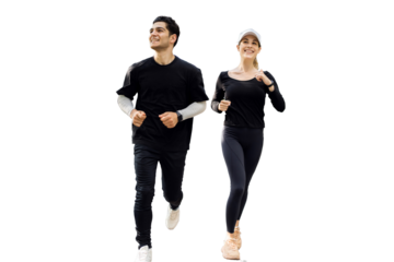 Two people running a man and a woman in fitness clothes jogging, isolated transparent background.