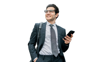 The manager is a man in a business suit using a phone to surf the Internet, isolated transparent background.