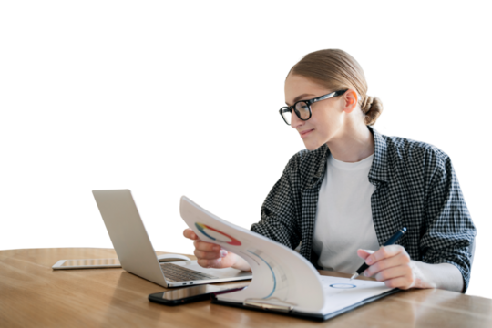 A woman with glasses office making a report using a laptop in the office workplace, isolated transparent background.