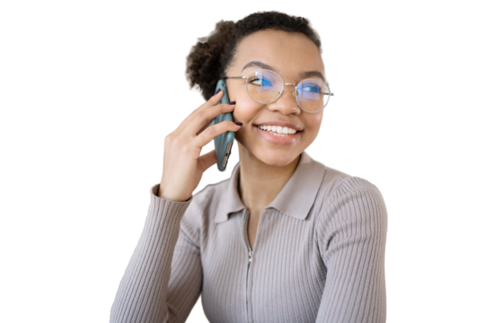 A woman with glasses office talking on the phone smiling showing teeth, isolated transparent background.