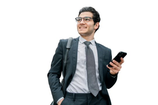 The manager is a man in a business suit using a phone to surf the Internet, isolated transparent background.