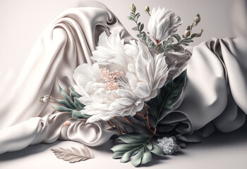 An elegant composition with a large white flower and a white piece of cloth on a white background. Created with Generative AI.