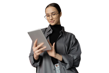 Student woman glasses in office manager online job holding tablet, isolated transparent background.