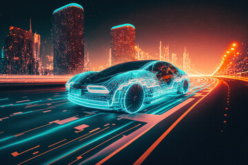 Naklejka na ściany i meble Racing sports car driving on urban city road with luxury digital technology . Sublime Generative AI image .