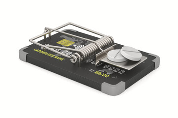 mousetrap and tablets on white background. Isolated 3D illustration