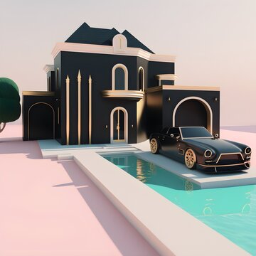 High End Barbie Mansion With Swimming Pool And A Gold Car In The Driveway Way Minimalistic Architecture 3d Perspective Extreme Detail Sharp Lens Pastels And Black Color 